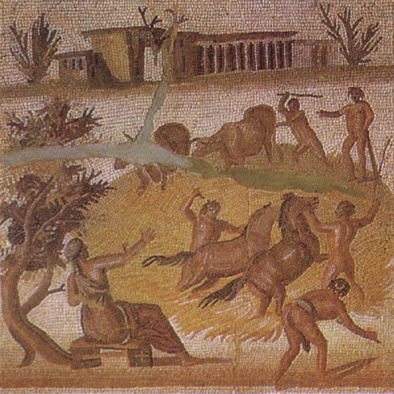 Mosaic from the Roman villa at Zliten in Tripolitania showing horses and cattle threshing corn, unknow artist